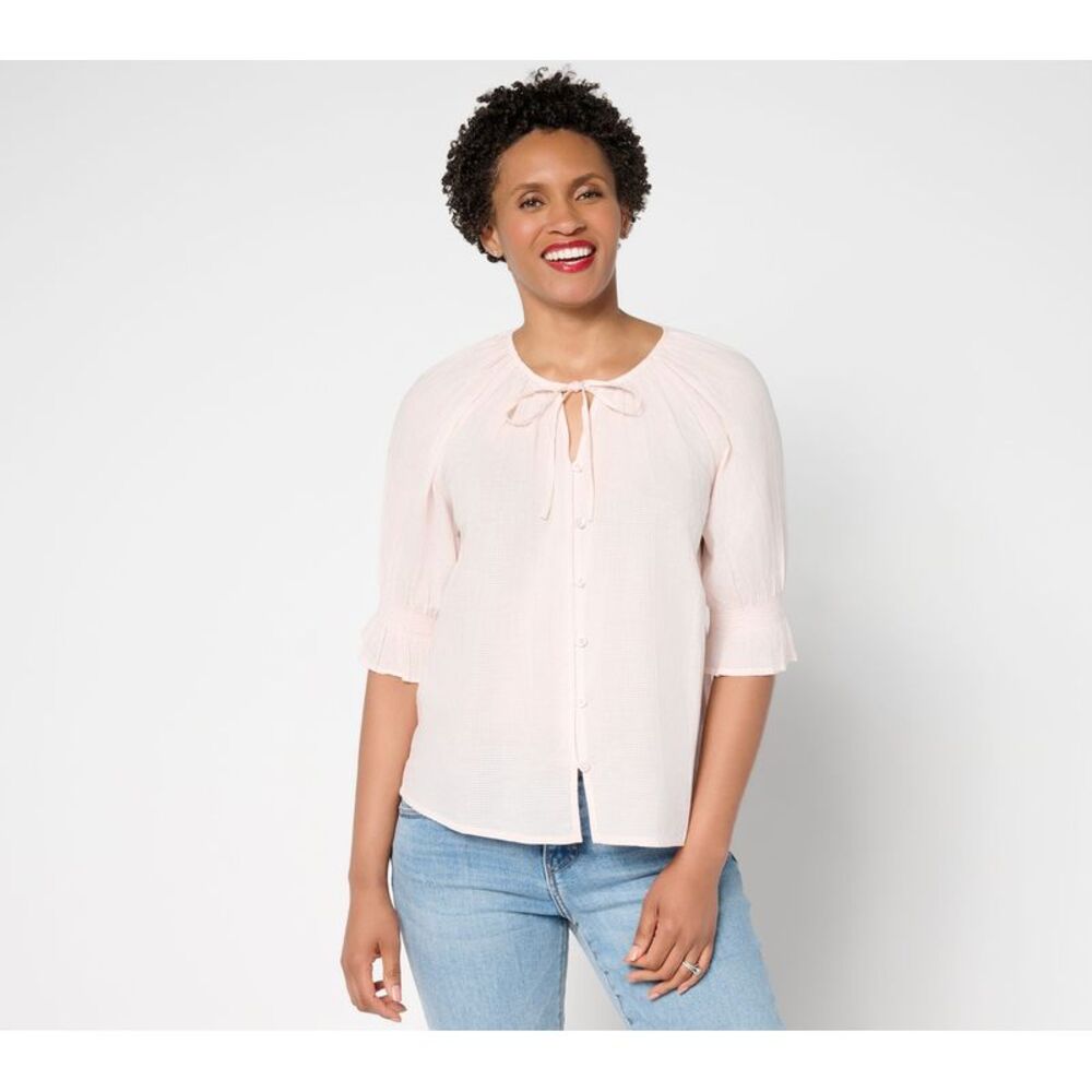 Top Knot Women's Sz L 100% Cotton Wharf Tie Neck Shirt Pink